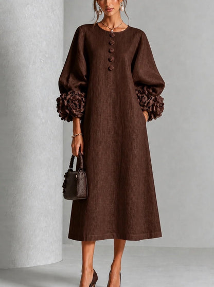 Vestido Midi Francés de Algodón y Lino con Flores 3D