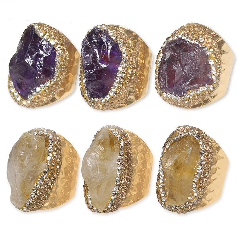 Juego de Anillos de Piedra Bruta de Cristal Natural con Diamantes