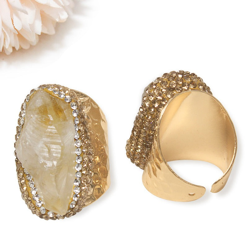 Juego de Anillos de Piedra Bruta de Cristal Natural con Diamantes