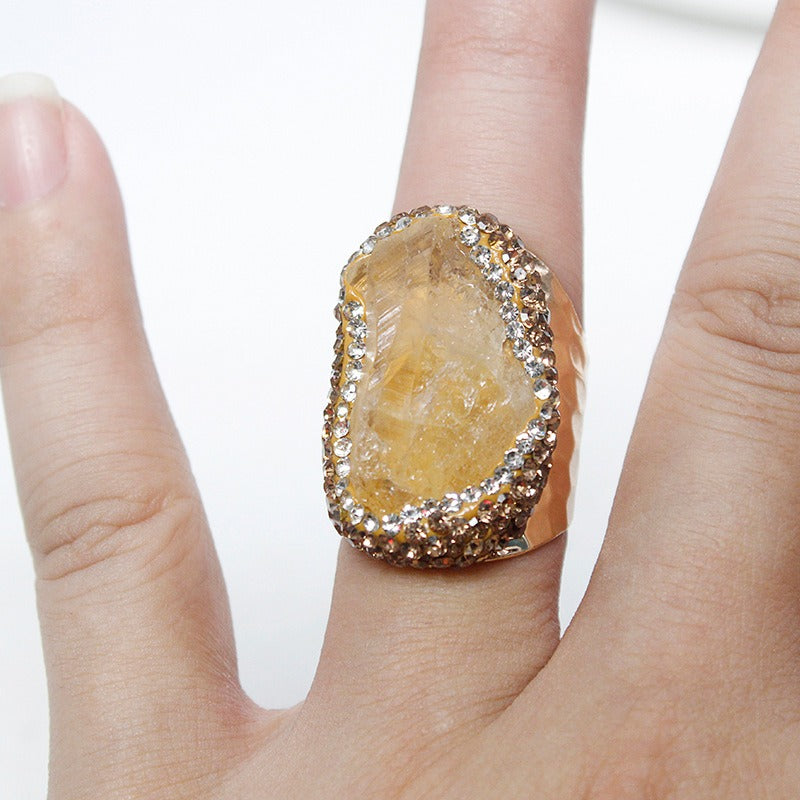 Juego de Anillos de Piedra Bruta de Cristal Natural con Diamantes