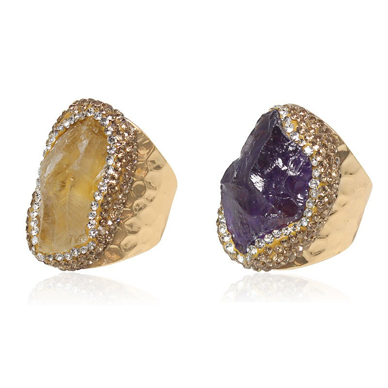 Juego de Anillos de Piedra Bruta de Cristal Natural con Diamantes