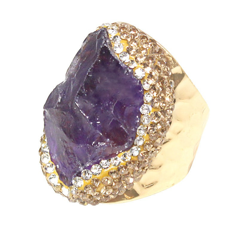 Juego de Anillos de Piedra Bruta de Cristal Natural con Diamantes