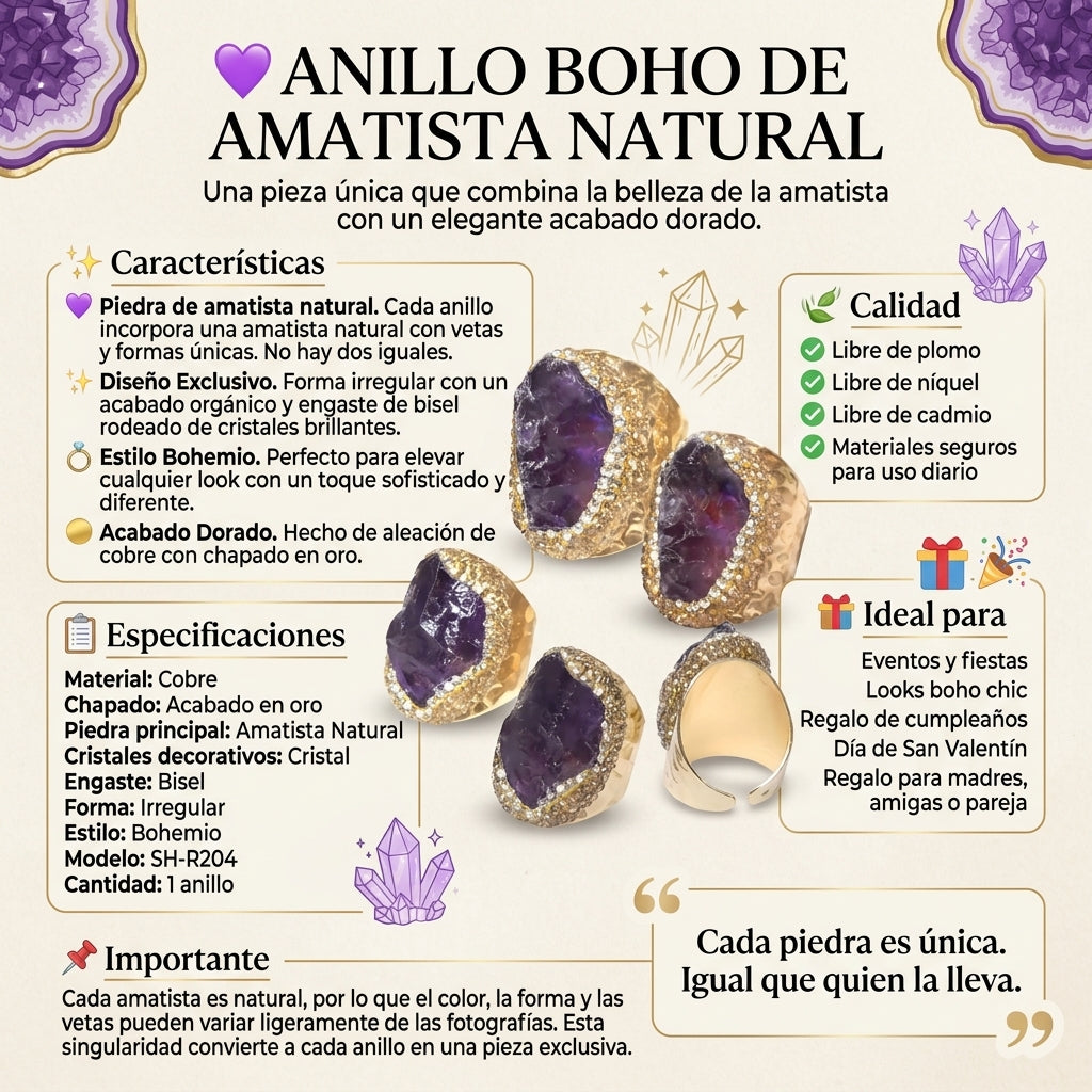 Juego de Anillos de Piedra Bruta de Cristal Natural con Diamantes