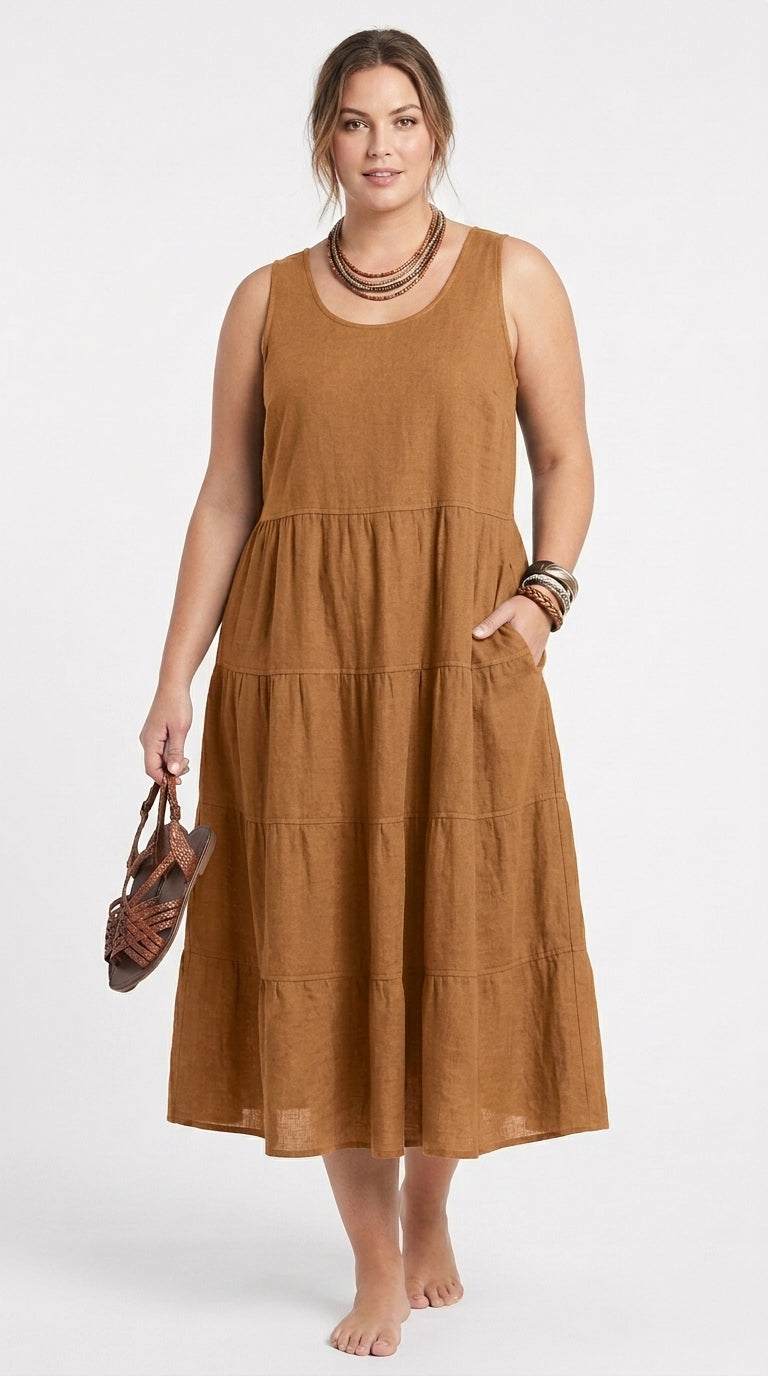 Vestido Largo Sin Mangas con Cuello U y Bolsillos en Algodón Lino