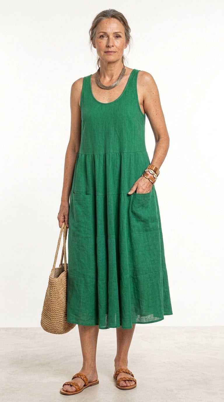 Vestido Largo Sin Mangas con Cuello U y Bolsillos en Algodón Lino