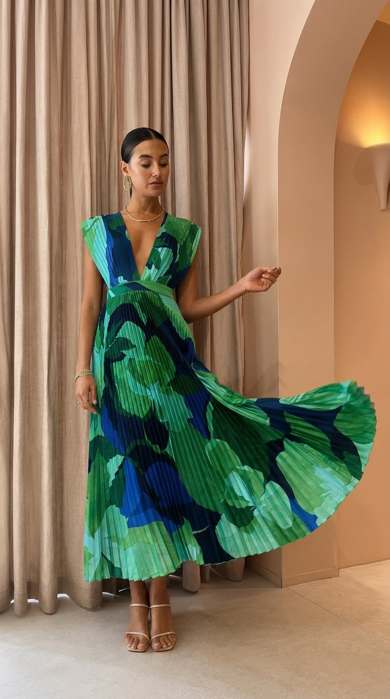 Vestido Casual Sin Mangas y Plisado