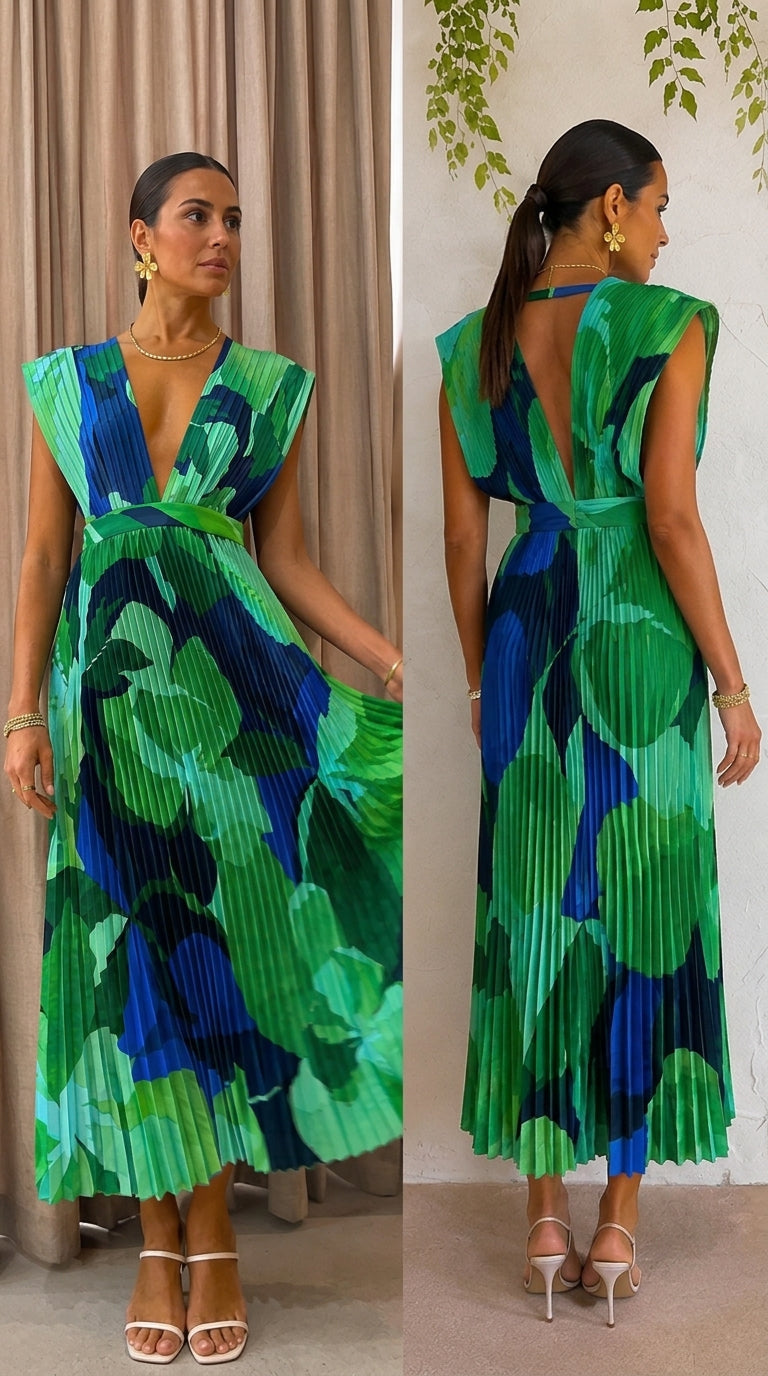 Vestido Casual Sin Mangas y Plisado