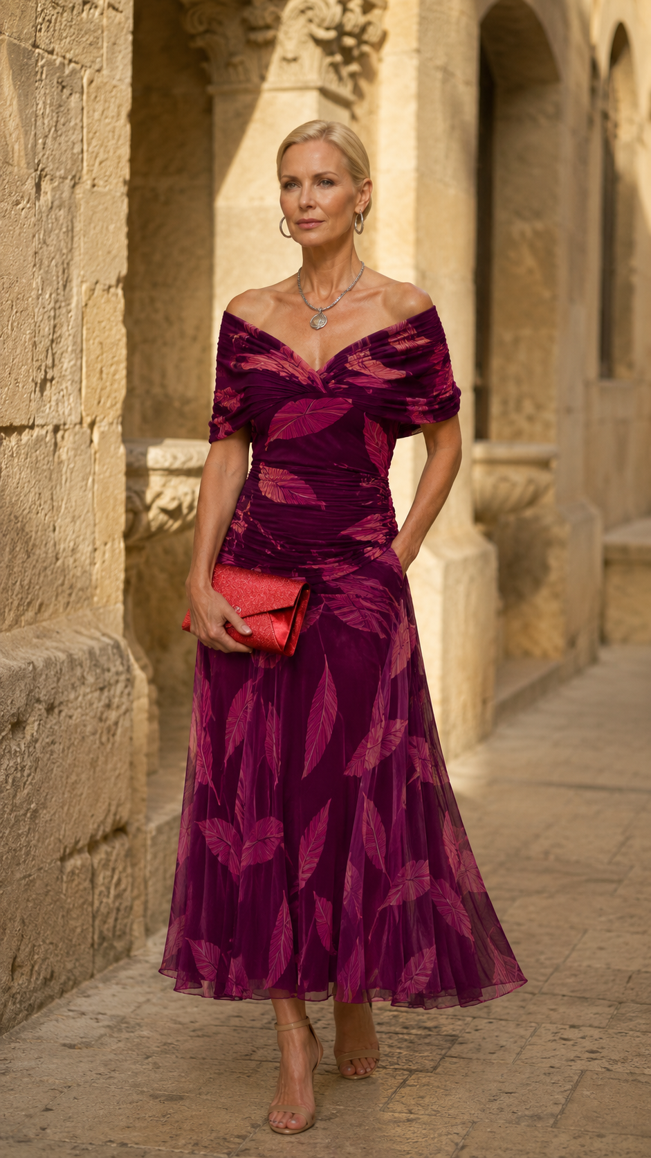 Vestido de Mujer en Bronce y Rojo
