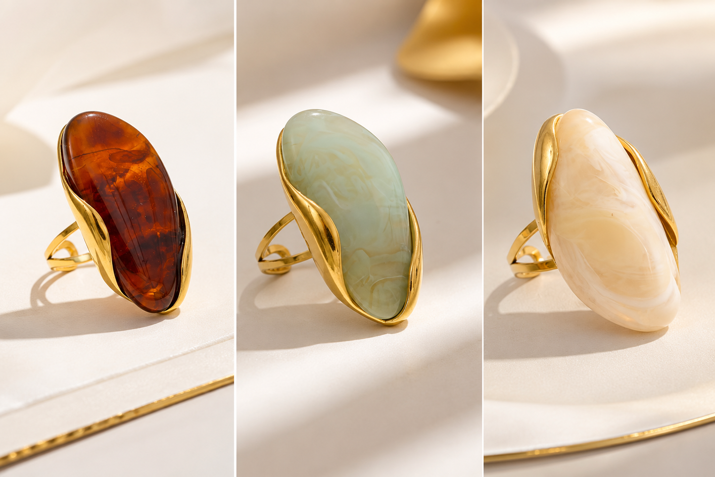 Anillo Ajustable de Resina y Acero Inoxidable Chapado en Oro 18K