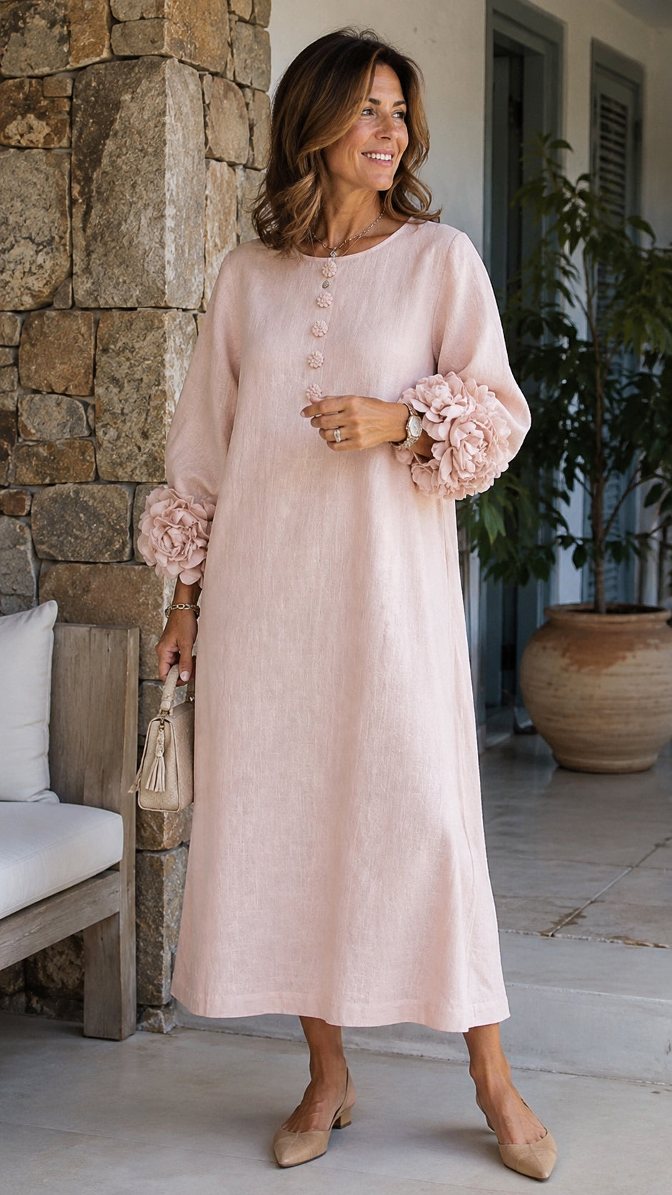 Vestido Estilo Francés con Flores 3D y Mangas Abullonadas