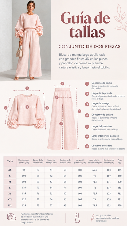 Conjunto de Top con Puños Florales y Pantalones de Pierna Ancha