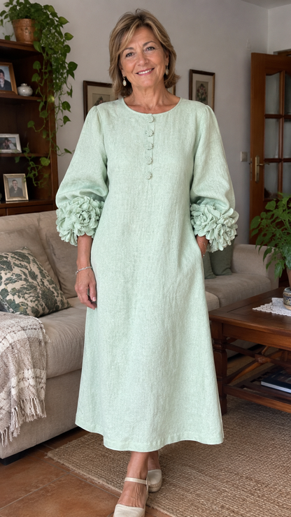 Vestido Midi Francés de Algodón y Lino con Flores 3D