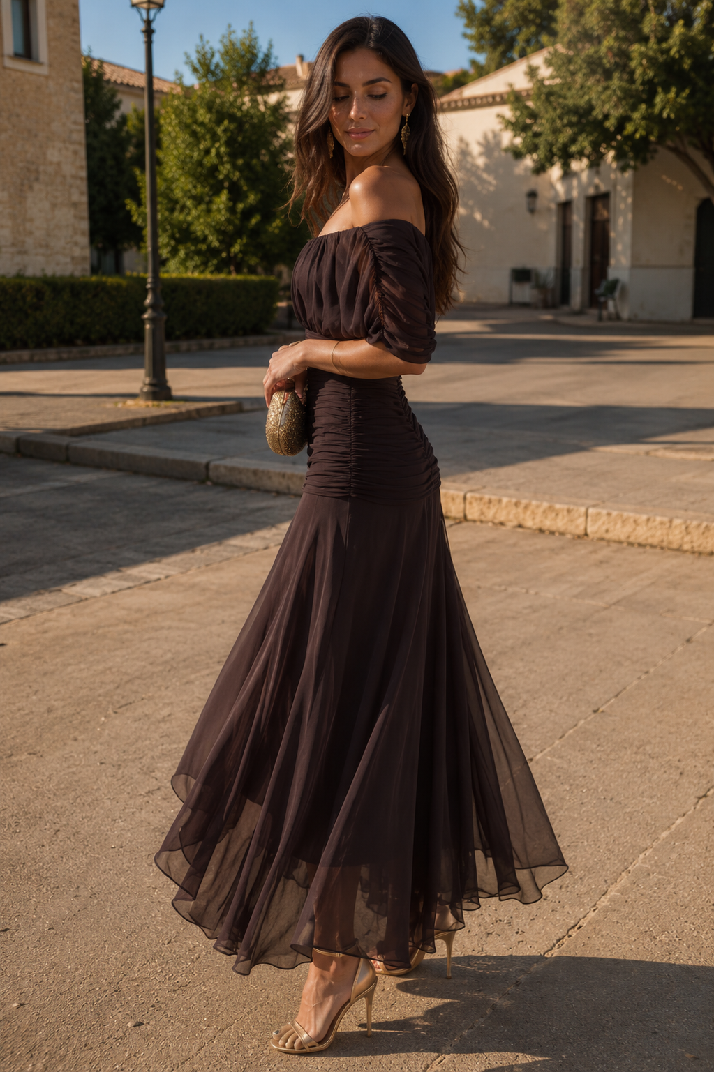 Vestido Largo de Gasa – Hombros Descubiertos, Fiesta y Vacaciones