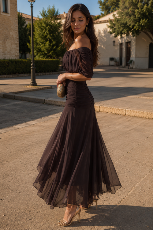 Vestido Largo de Gasa – Hombros Descubiertos, Fiesta y Vacaciones