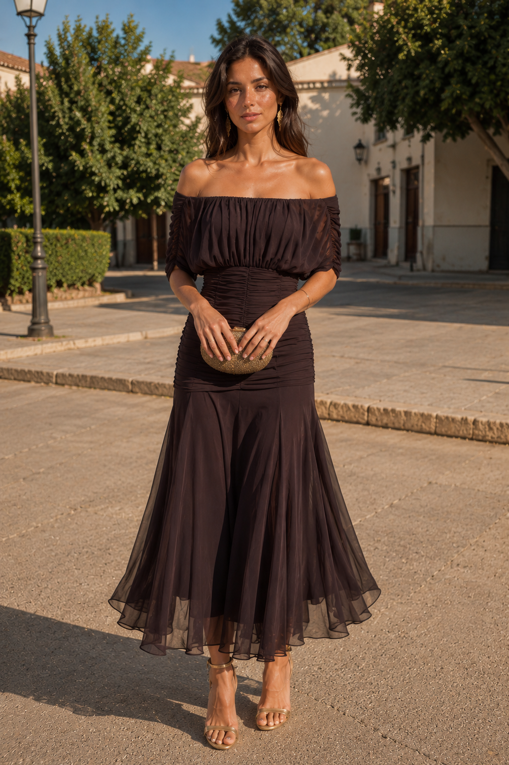 Vestido Largo de Gasa – Hombros Descubiertos, Fiesta y Vacaciones