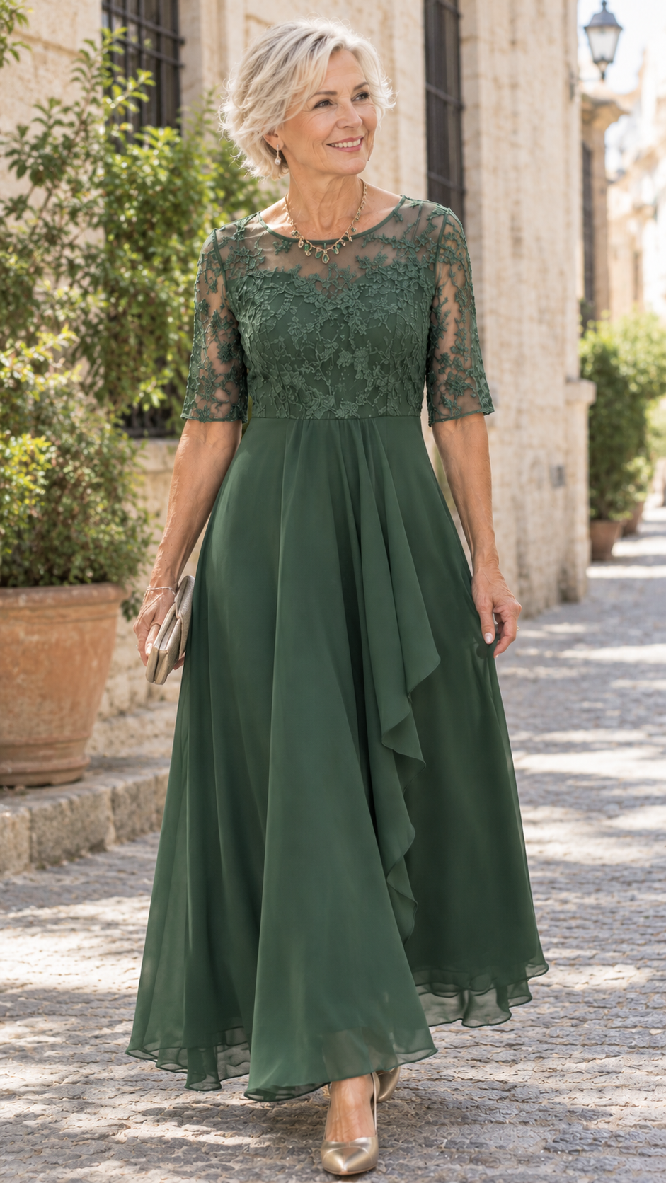 Valentina – Vestido de Gasa con Encaje Calado
