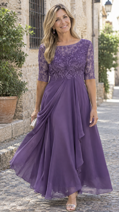 Valentina – Vestido de Gasa con Encaje Calado