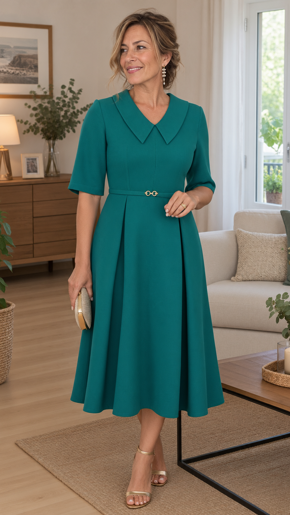 Vestido Midi Línea A con Cinturón