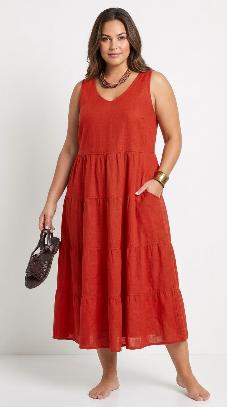 Vestido Largo Sin Mangas con Cuello U y Bolsillos en Algodón Lino
