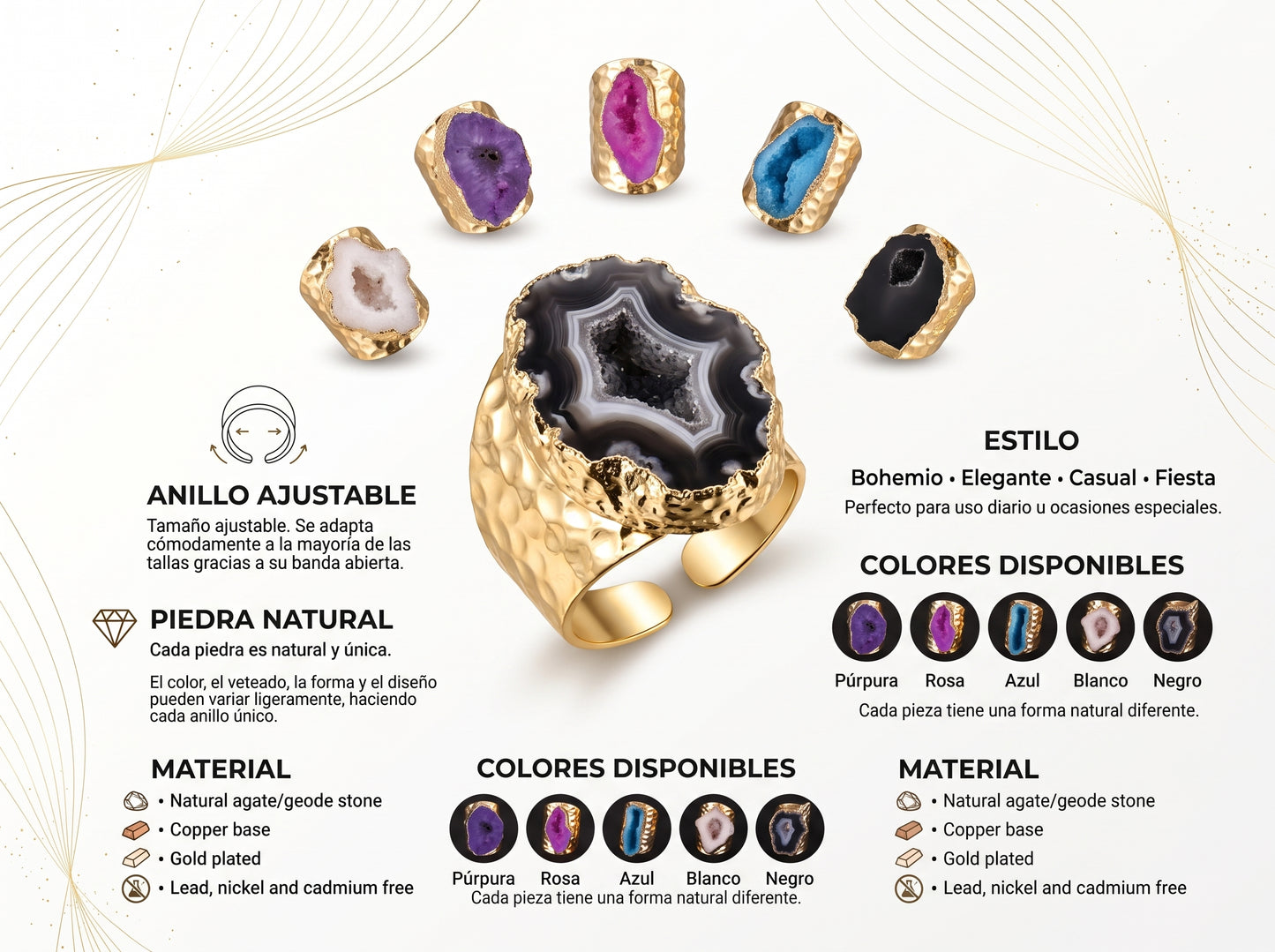 Anillo Ajustable con Piezas de Ágata Natural | Diseño Bohemio