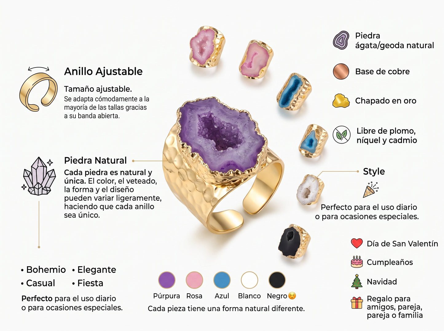 Anillo Ajustable con Piezas de Ágata Natural | Diseño Bohemio