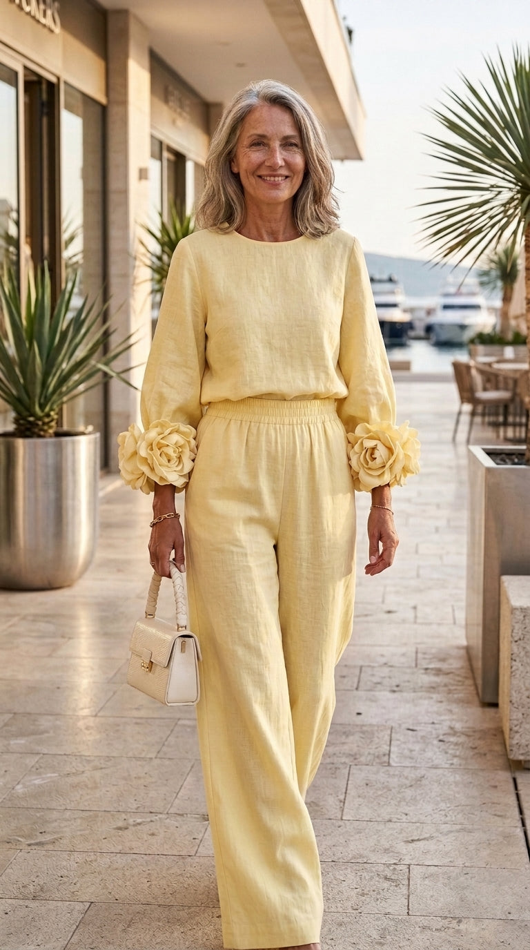 Conjunto de Top con Puños Florales y Pantalones de Pierna Ancha
