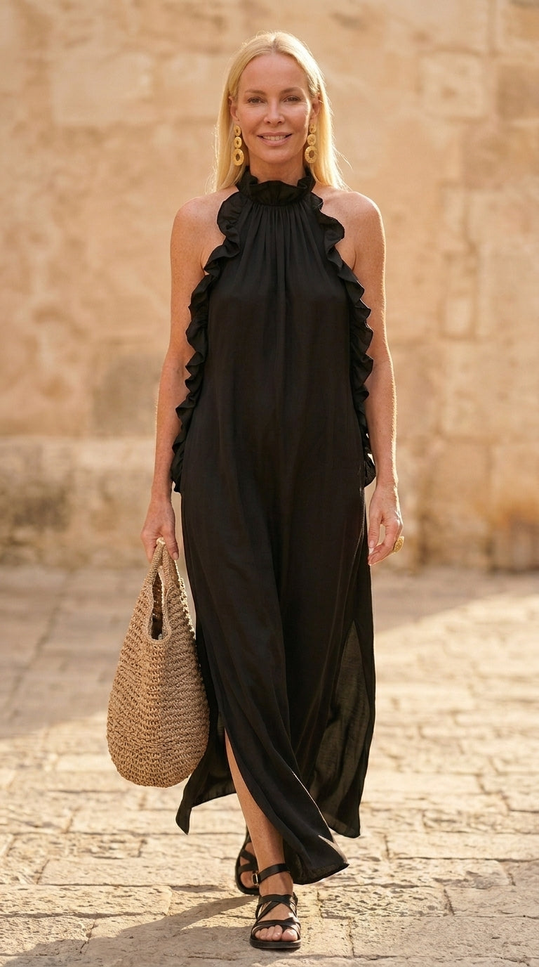 Vestido Sin Mangas con Cuello Halter y Volantes para Verano
