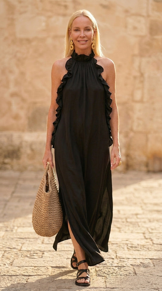 Vestido Sin Mangas con Cuello Halter y Volantes