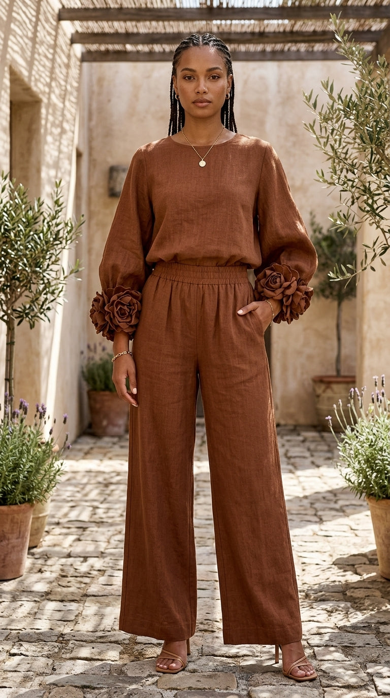 Conjunto de Top con Puños Florales y Pantalones de Pierna Ancha