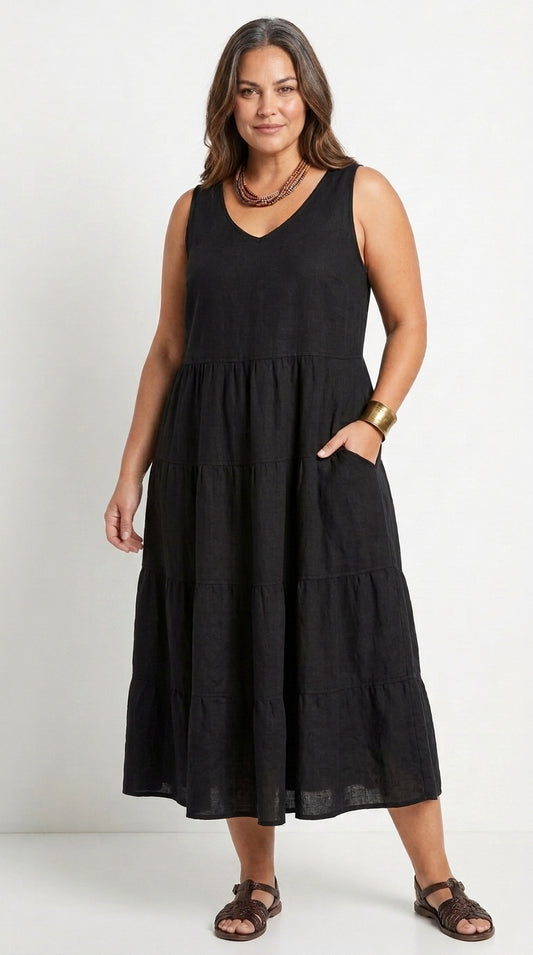 Vestido Largo Sin Mangas con Cuello U y Bolsillos en Algodón Lino