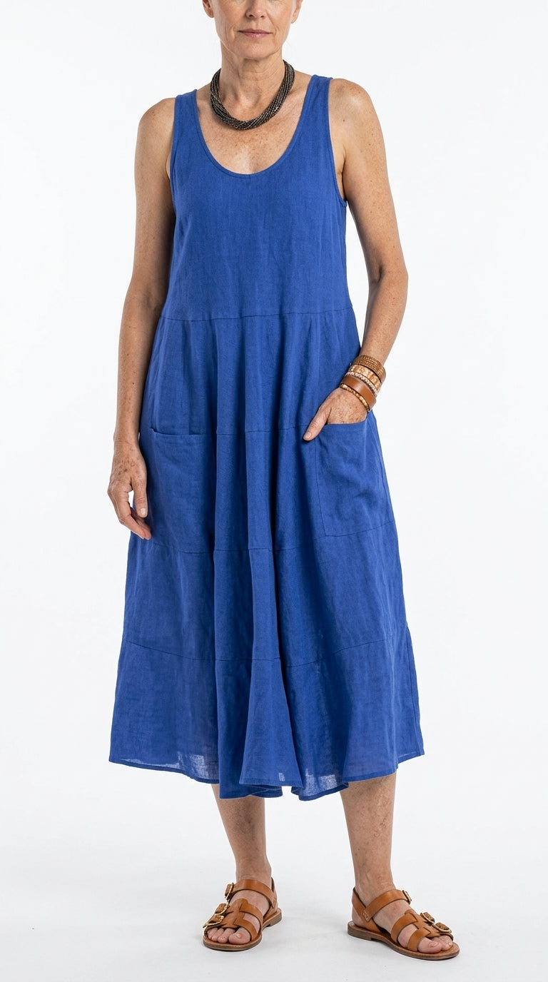 Vestido Largo Sin Mangas con Cuello U y Bolsillos en Algodón Lino