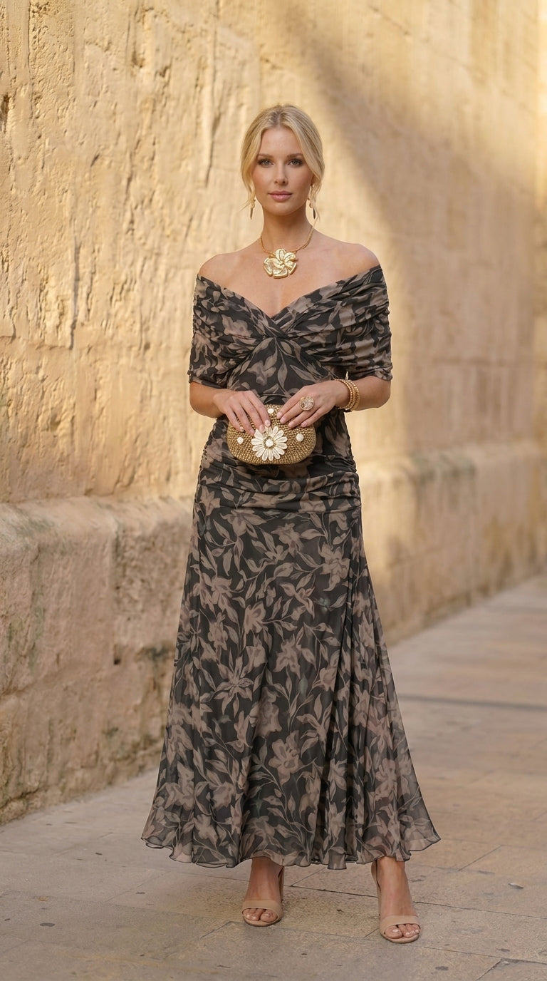 Vestido Floral Elegante con Escote Versátil para Eventos