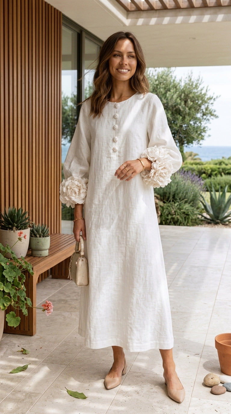 Vestido Estilo Francés con Flores 3D y Mangas Abullonadas