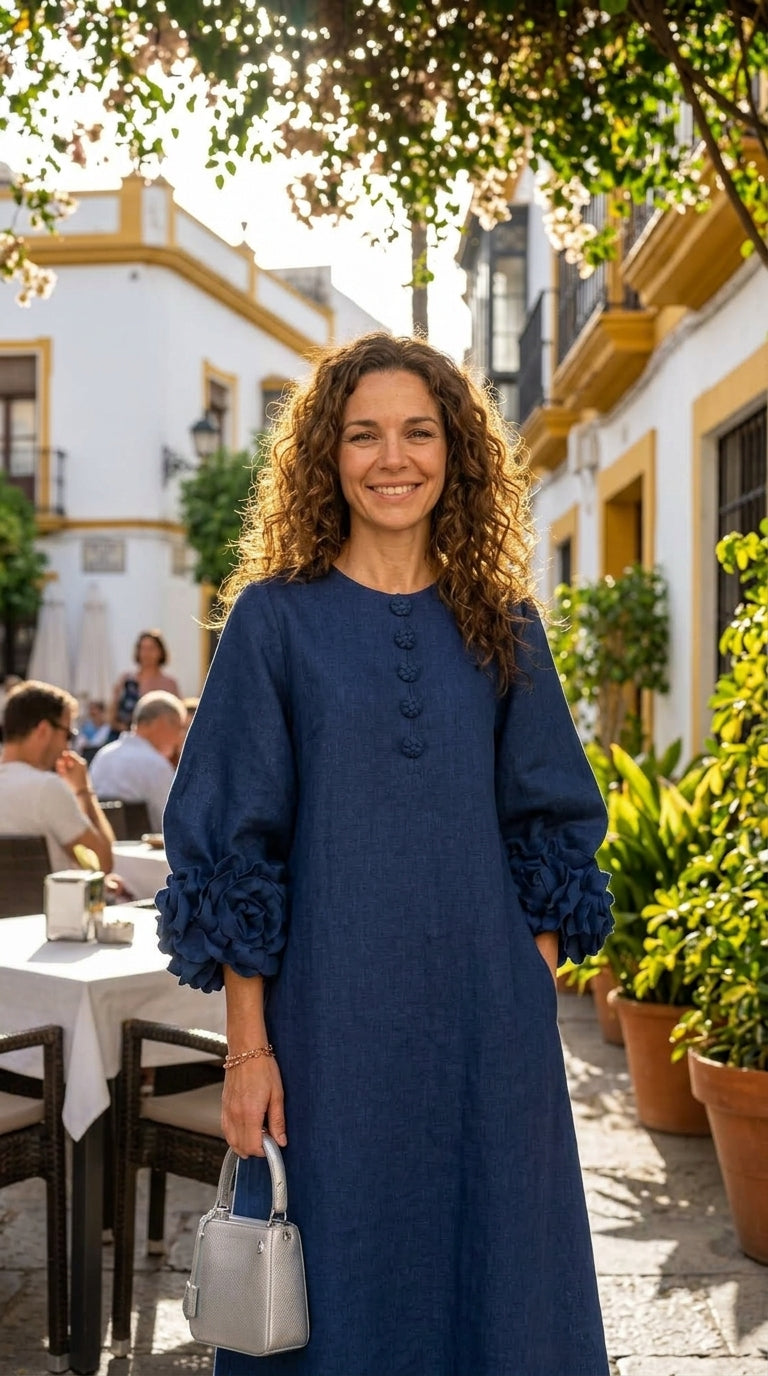 Vestido Estilo Francés con Flores 3D y Mangas Abullonadas