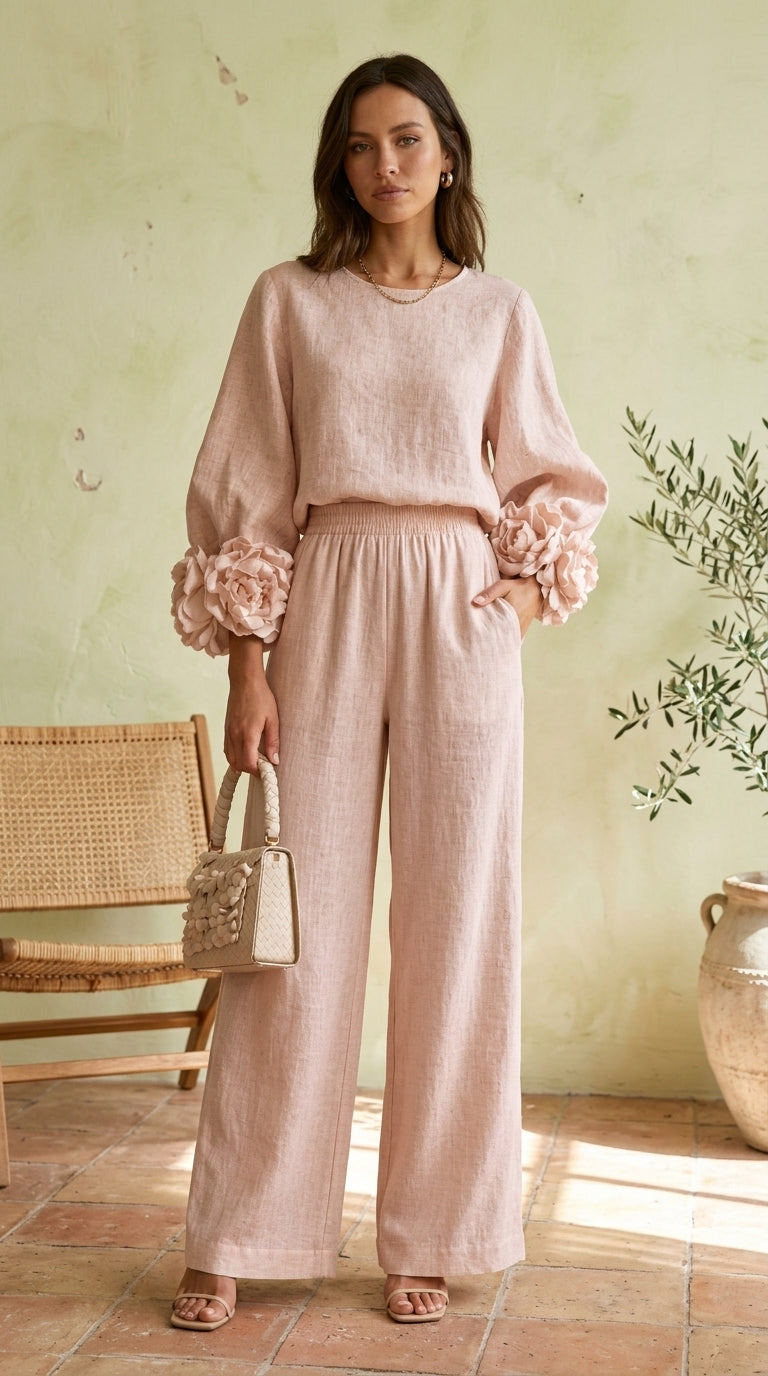 Conjunto de Top con Puños Florales y Pantalones de Pierna Ancha