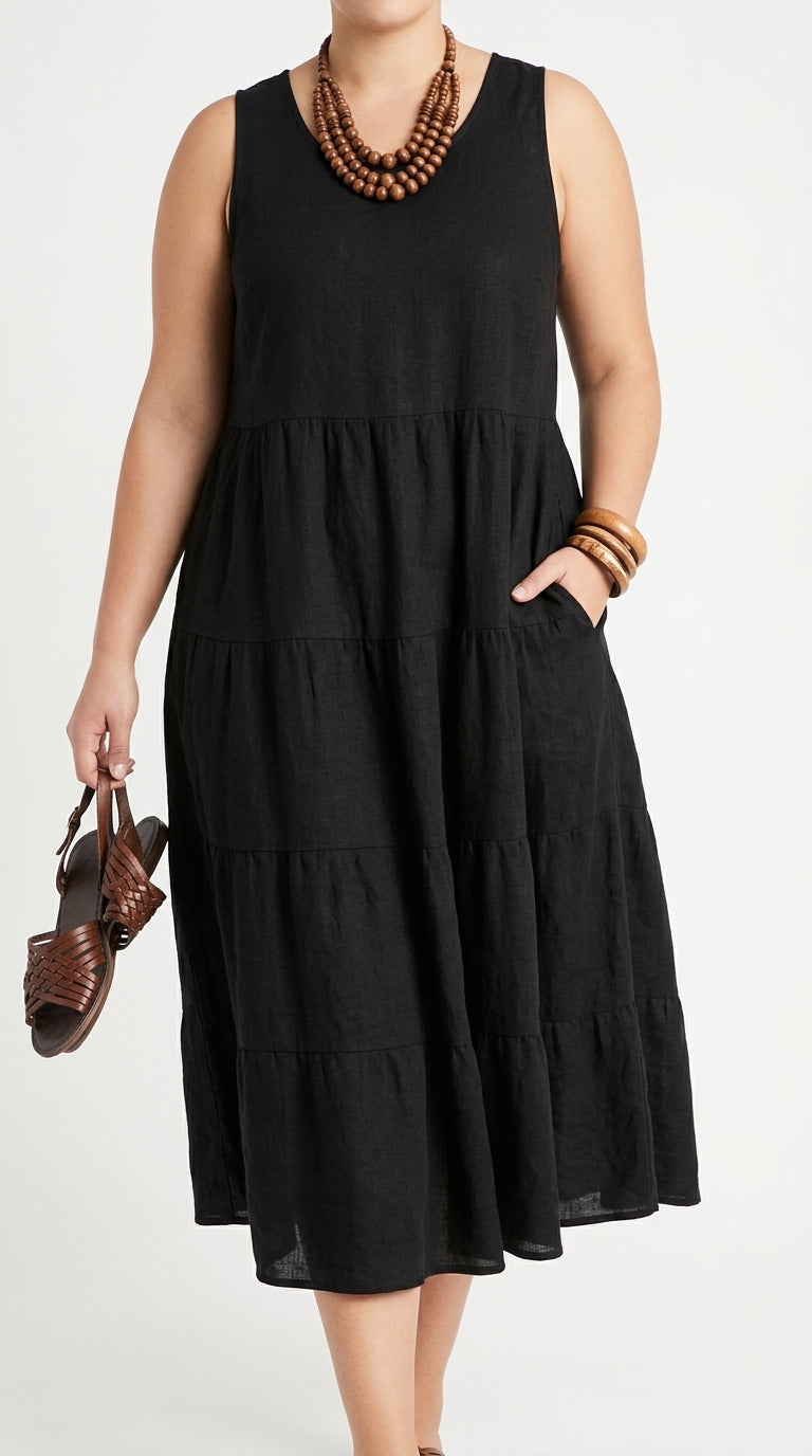 Vestido Largo Sin Mangas con Cuello U y Bolsillos en Algodón Lino
