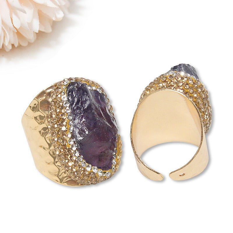 Juego de Anillos de Piedra Bruta de Cristal Natural con Diamantes