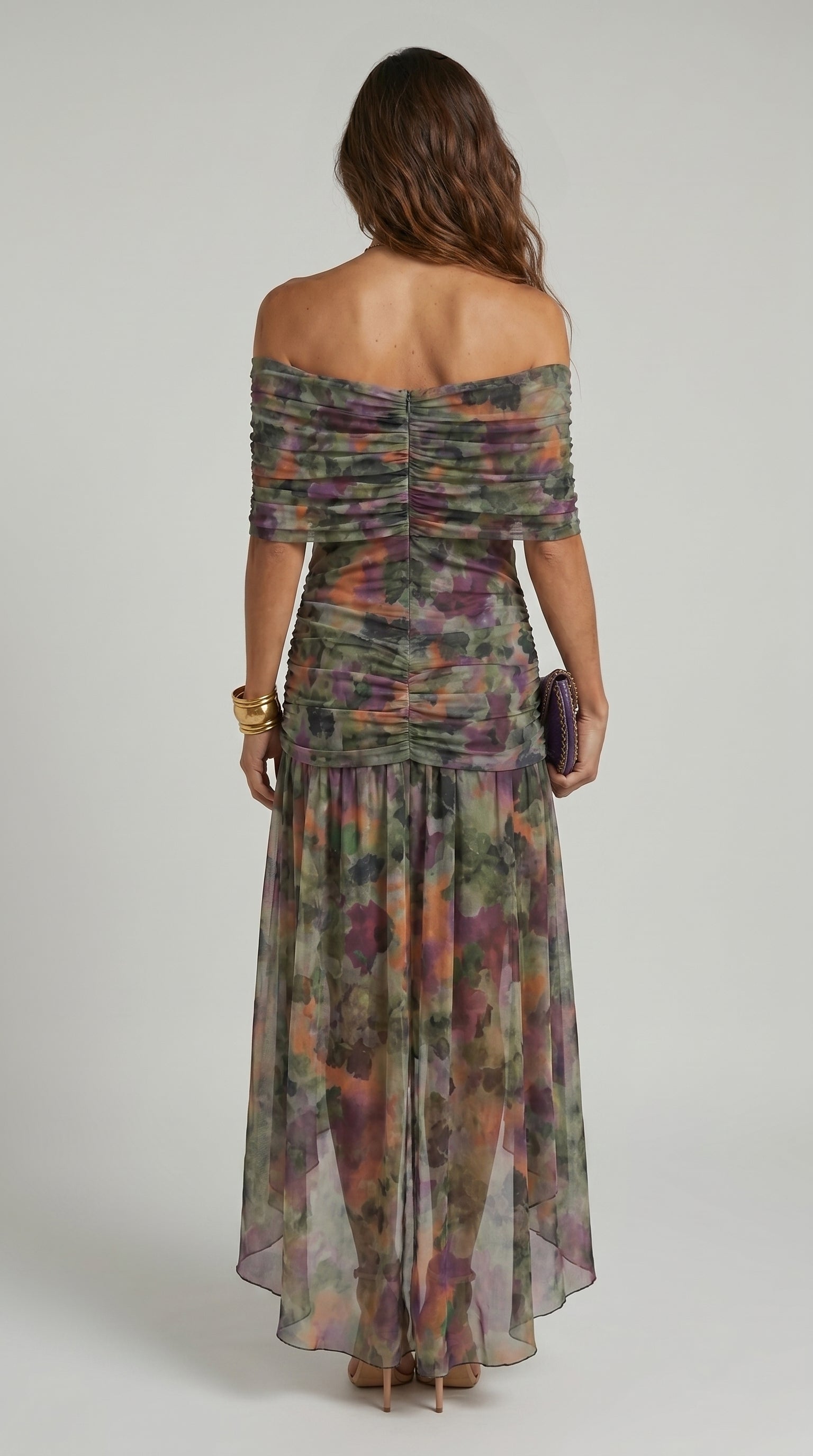Vestido Largo de Gasa – Hombros Descubiertos, Fiesta y Vacaciones