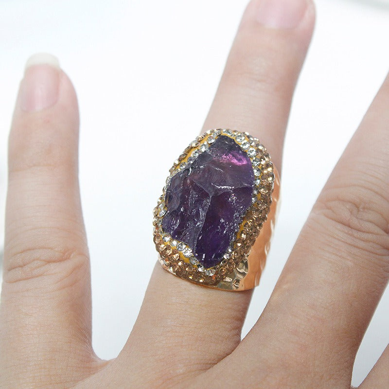 Juego de Anillos de Piedra Bruta de Cristal Natural con Diamantes