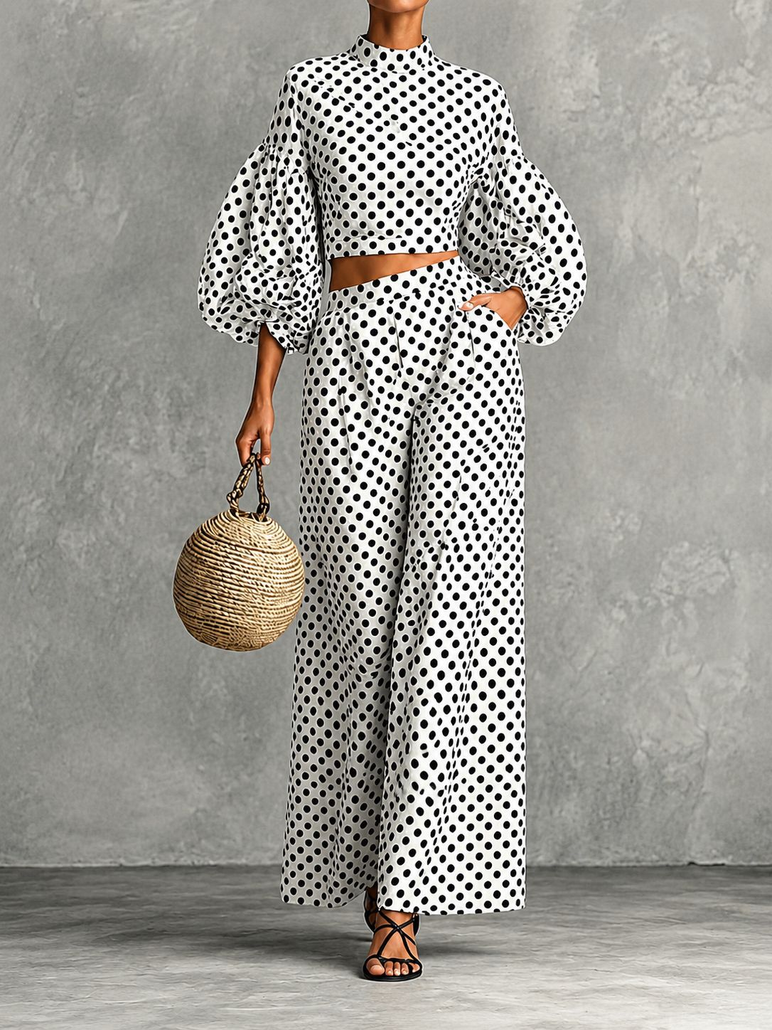 Conjunto Dálmata – Top de manga abullonada y pantalón de pierna ancha