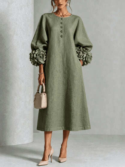 Vestido Midi Francés de Algodón y Lino con Flores 3D