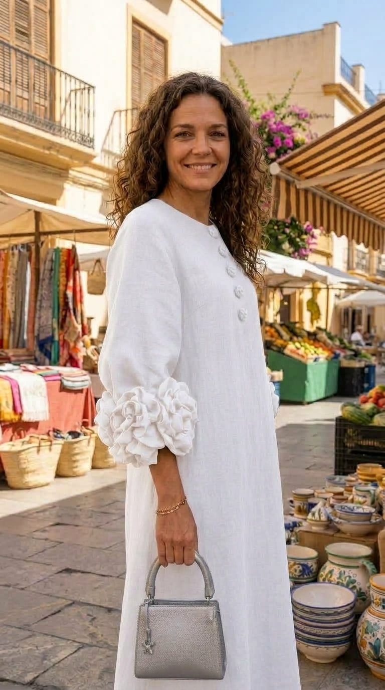Vestido Estilo Francés con Flores 3D y Mangas Abullonadas