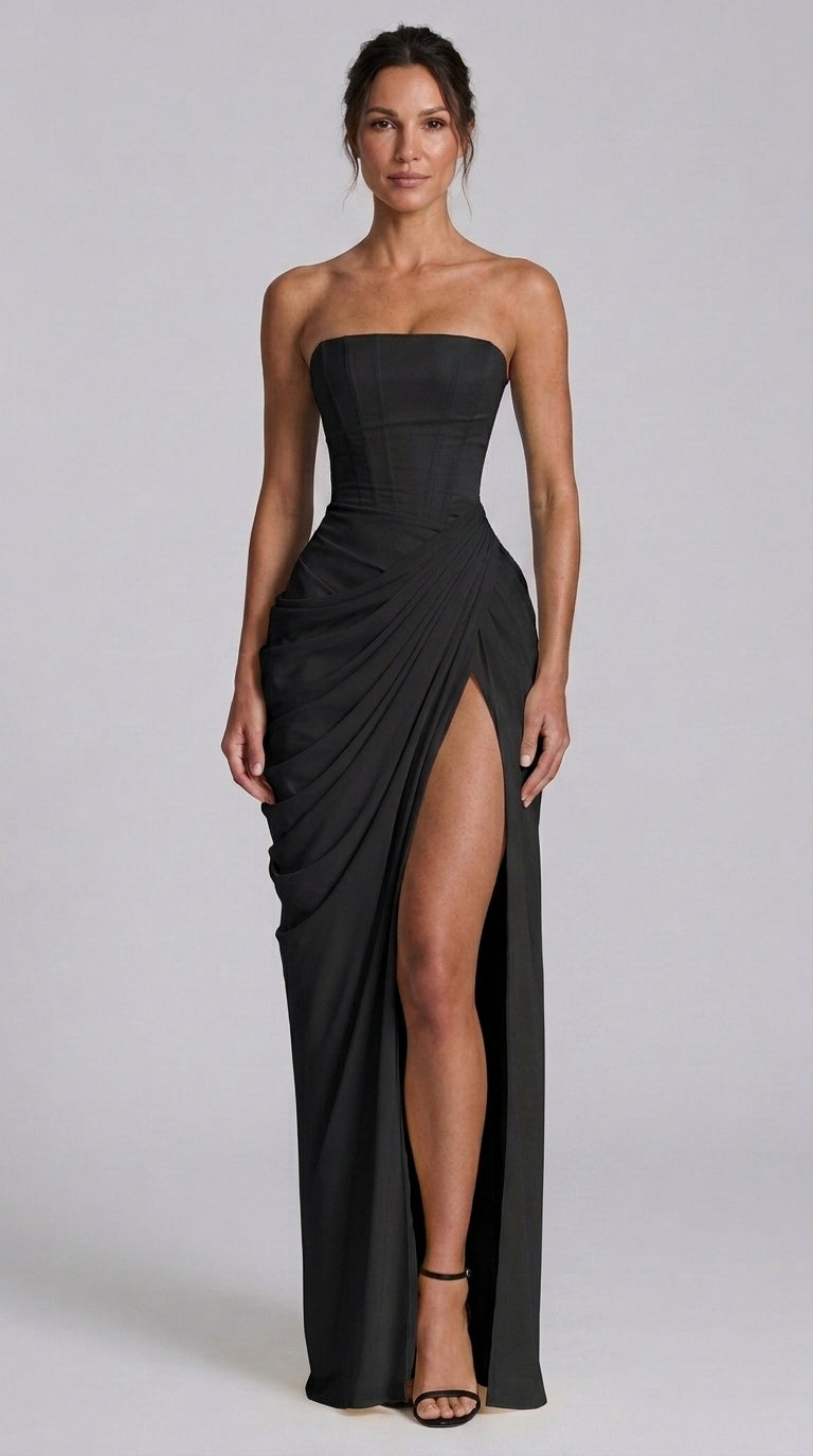Vestido Romántico Sin Tirantes con Pliegues y Abertura