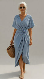 Vestido Cruzado Elegante  — Pastel Suave, Caqui y Azul