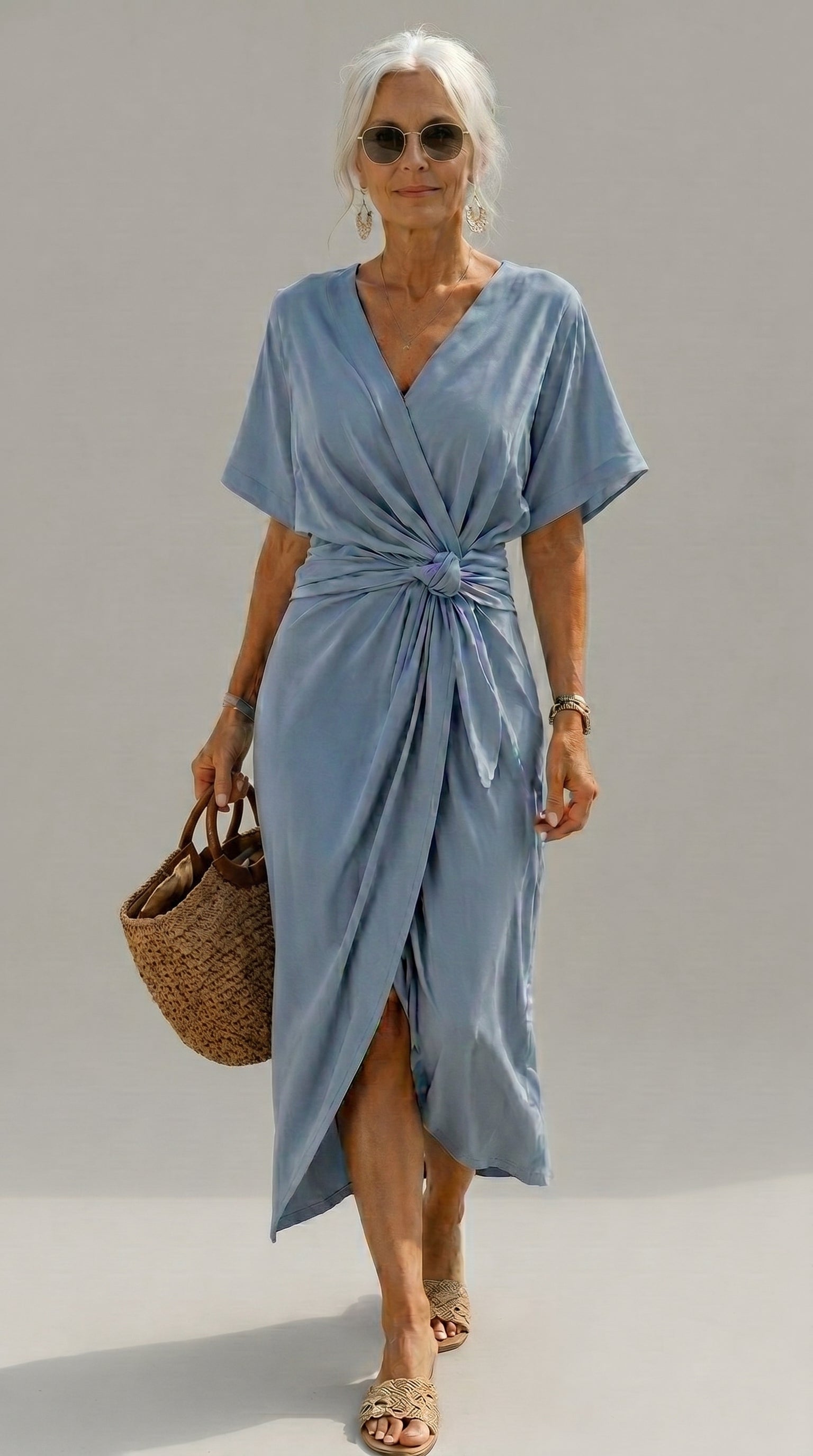 Vestido Cruzado Elegante  — Pastel Suave, Caqui y Azul